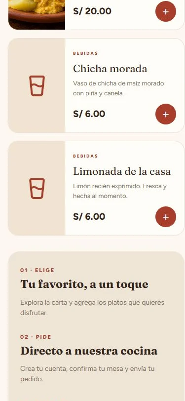 Bebidas y cómo pedir, vista móvil