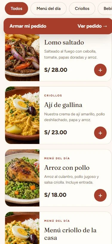 Carta y platos, vista móvil